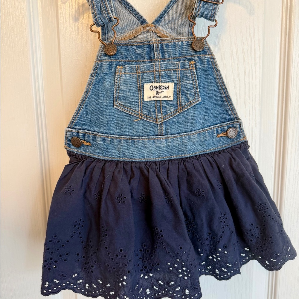 OshKosh B'gosh 12 months Baby Girls Blue Denim Jumper w/ Navy Blue Eyelet Skirt
